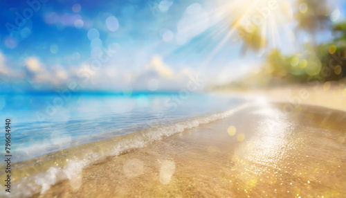 Natural blurred defocused background for concept summer vacation. Nature of tropical summer beach with rays of sunlight. Light sand beach, ocean water sparkles against blue sky