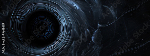 Black hole with Gray glow inside, dark background, blue spiral lines in the center of black void