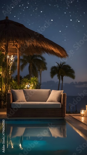 Sofa beside swimming pool in beach resort with beautiful night sky. Ai Generative.