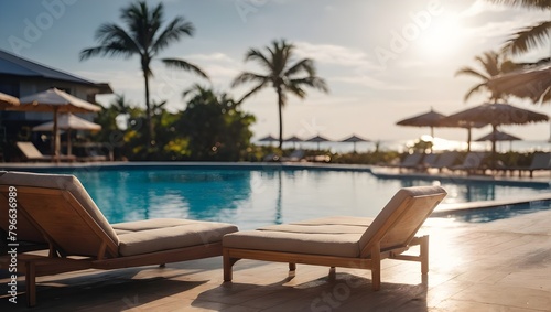 Sofa beside swimming pool in beach resort with beautiful afternoon sky. Ai Generative. © Rizky Rahmat Hidayat