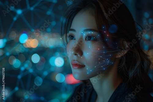 A young woman with a digital facial recognition mesh overlay exemplifies modern technology and identity security