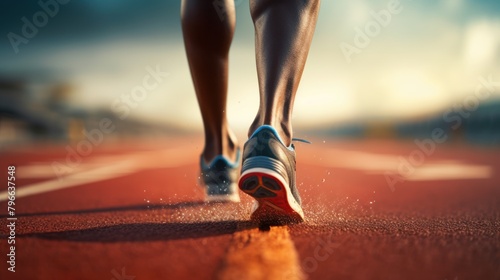 Close-up of man shoes and legs on track and field lane run race competing