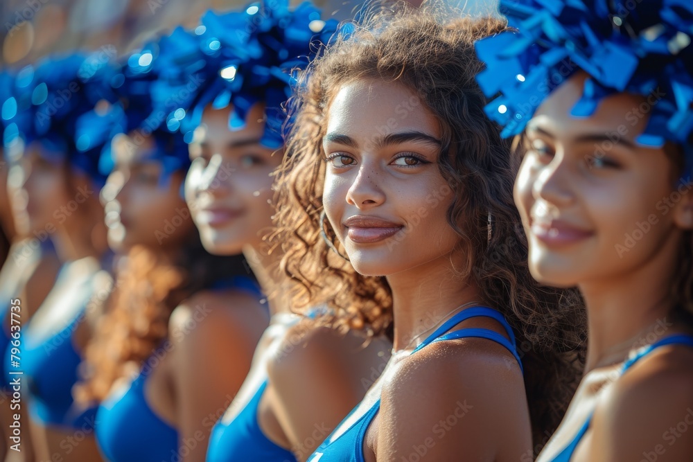 A row of cheerleaders in blue costumes smiling at the camera during an outdoor sunny event