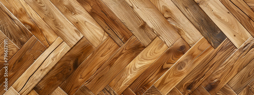 Elegant luxurious bright brown parquet laminate vinyl floor with herringbone pattern, flooring rustic oak wooden - wood timber panel decor texture flooring wall background, top view photo