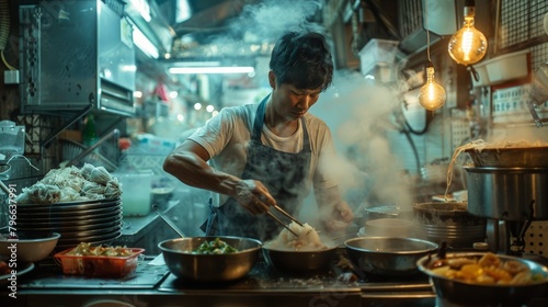 Street food vendor serving up aromatic bowls of wonton soup in Hong Kong's vibrant alleys. photo