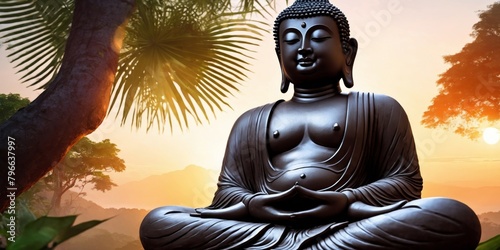 Statue of a Sitting buddha in the jungle, Sunset