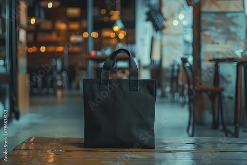 Mockup of a black canvas bag in a cafe setting. Concept Photography, Fashion Accessories, Cafe Scene, Commercial Mockup, Lifestyle Shot © Anastasiia