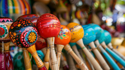 Colorful maracas and other musical instruments displayed at a market