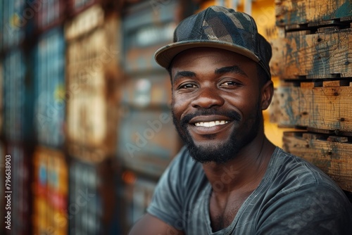 Smiling man with a stylish cap posing in front of stacked wooden pallets at a warehouse