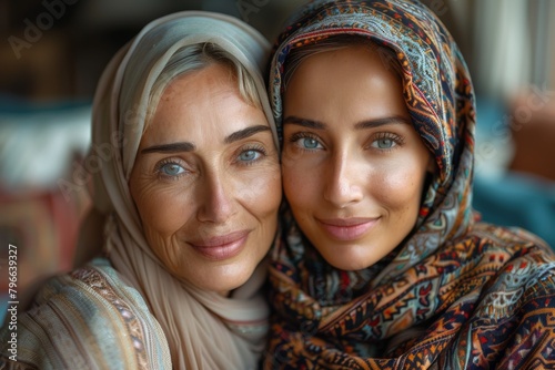 Mother and daughter with blue eyes wearing traditional hijabs in a bonding close-up portrait