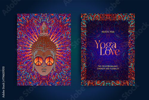 Stretch and Strength. Yoga card, flyer, poster, mat design. Colorful template for spiritual retreat or yoga studio. Ornamental business cards, oriental pattern. Vector illustration