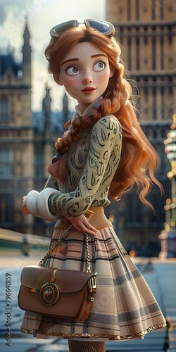Girl dressed in classical British style clothes and carrying a bag against the backdrop of Big Ben, England. Digital Cartoon character