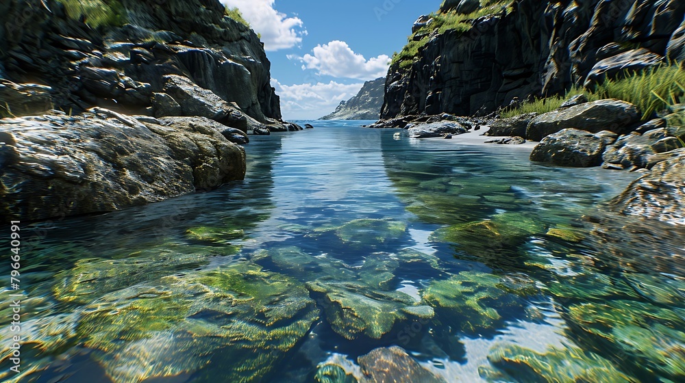 A Hidden Cove Sheltered by Cliffs Where Crystal-Clear Waters Lap Gently Against a Secluded Beach: A Tranquil Paradise for Solitude and Natural Beauty