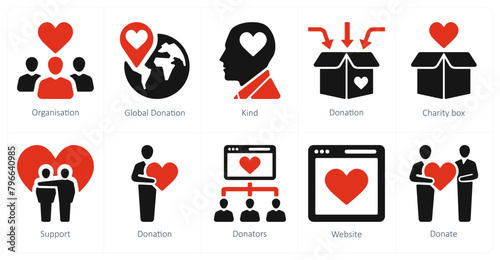 A set of 10 crowdfunding icons as organisation, global donation