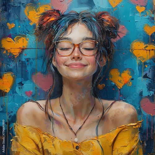 Girl in glasses with positive expression, reflects self-love and being happy with life. Woman feeling in love. Happiness and confident concept. Painted hearts in the background