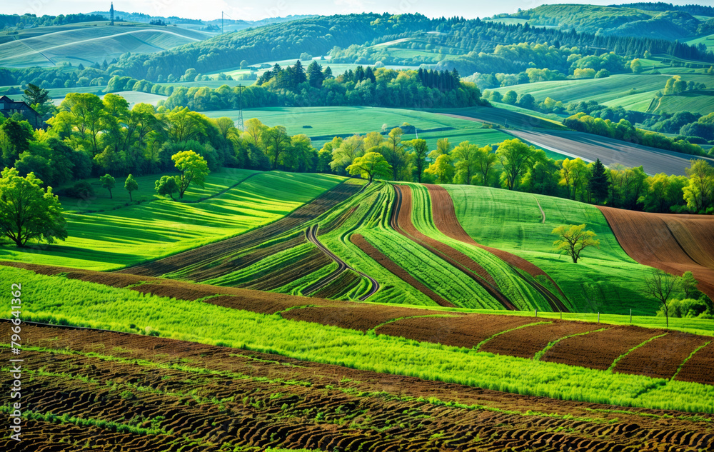 Vue de cultures au printemps, Champs labourés et d'arbres sur colline verdoyantes Vue de cultures au printemps, Champs labourés et d'arbres sur colline verdoyantes