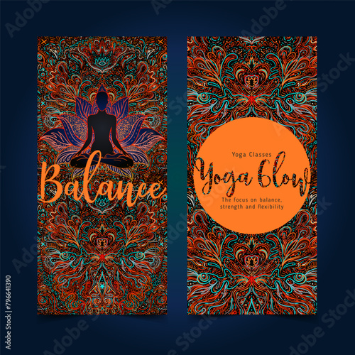 Stretch and Strength. Yoga card, flyer, poster, mat design. Colorful template for spiritual retreat or yoga studio. Ornamental business cards, oriental pattern. Vector illustration