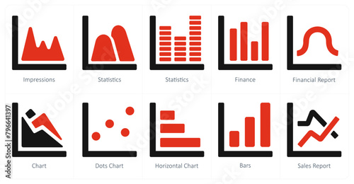 A set of 10 Diagrams and Reports icons as impressions, statistics, finance