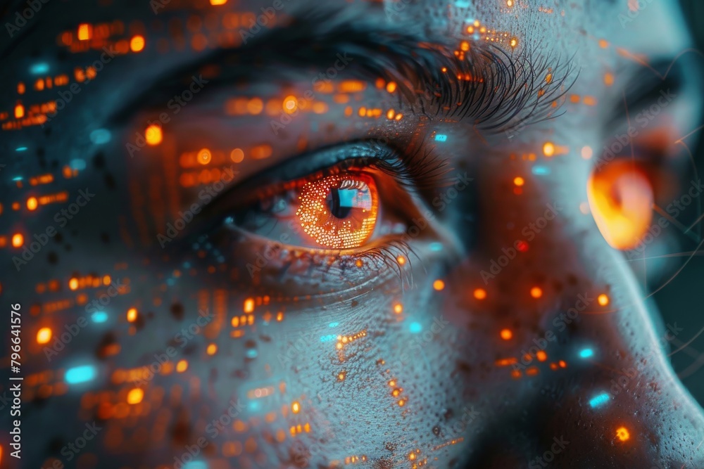 A detailed close-up showcasing a human eye with overlaying futuristic digital graphics, symbolizing advanced technology integration with human body A detailed close-up showcasing a human eye with overlaying futuristic digital graphics, symbolizing advanced technology integration with human body