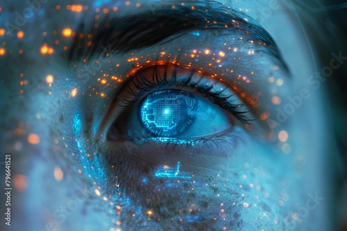 Intense blue human eye enhanced with glowing futuristic technology details