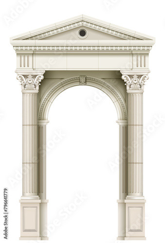 Antique white colonnade with Ionic columns. Three arched entrance or niche. Vector graphics
