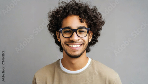 A handsome young brunette with curly hair, wearing glasses, rejoices and smiles cheerfully. Gray background