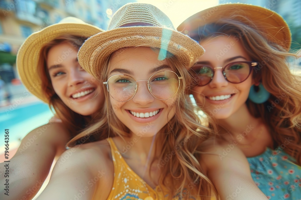 Three smiling young women take a selfie together, showcasing friendship and happiness with colorful hats