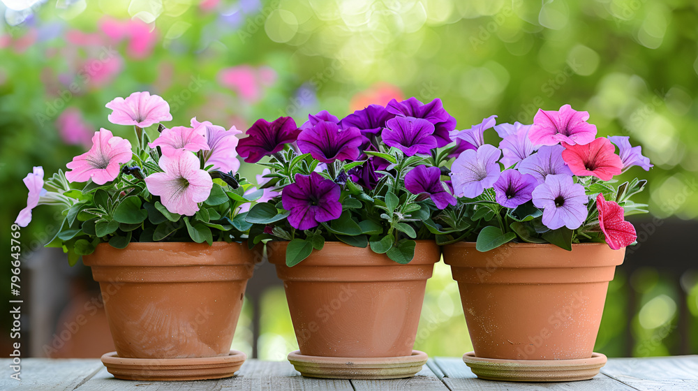 Summer flowers in a garden ,Vibrant Potted Garden Blooms ,Beautiful petunia flowers in plant pots outdoors

