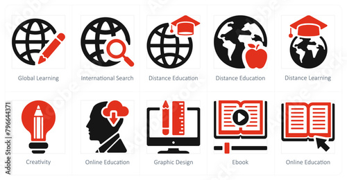 A set of 10 online education icons as global learning, international search, distance education