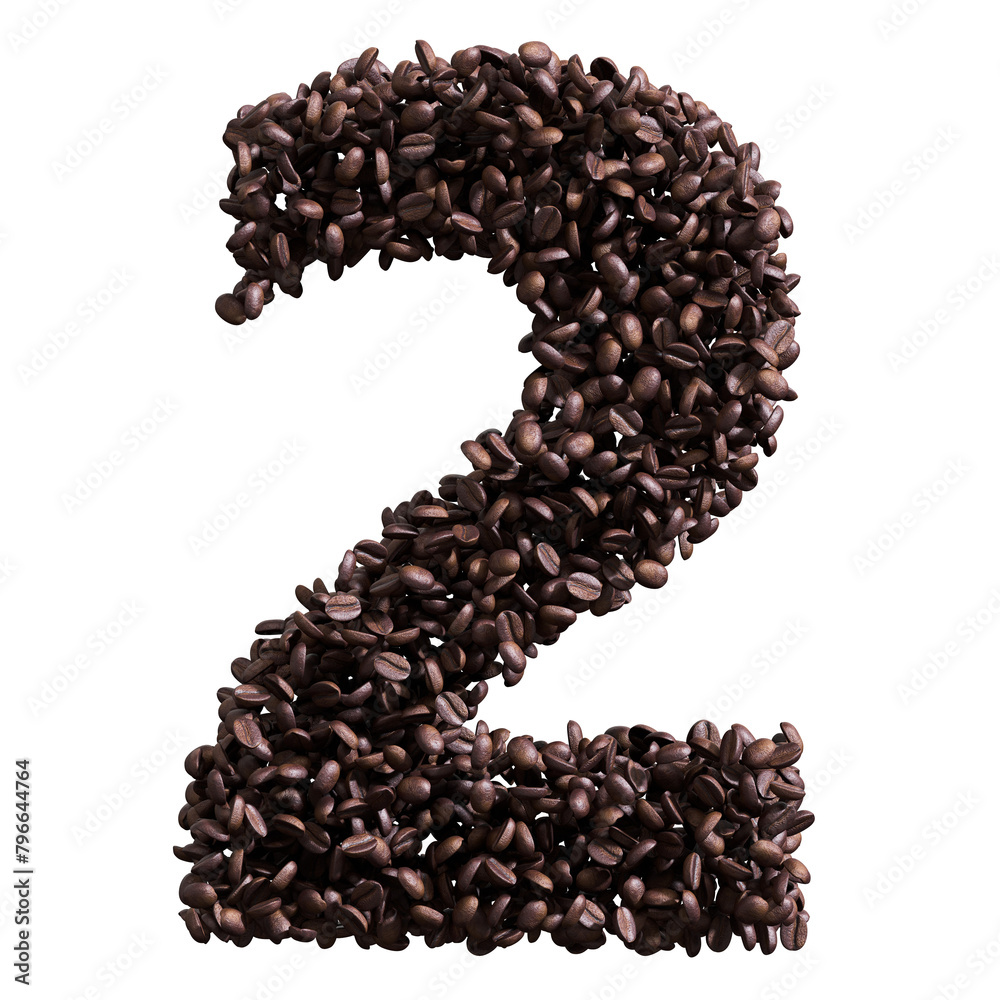 Number 2 alphabet made from coffee beans, 3D render Number 2 alphabet made from coffee beans, 3D render