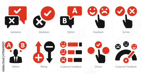 A set of 10 survey and ratings icons as validation, option, feebback