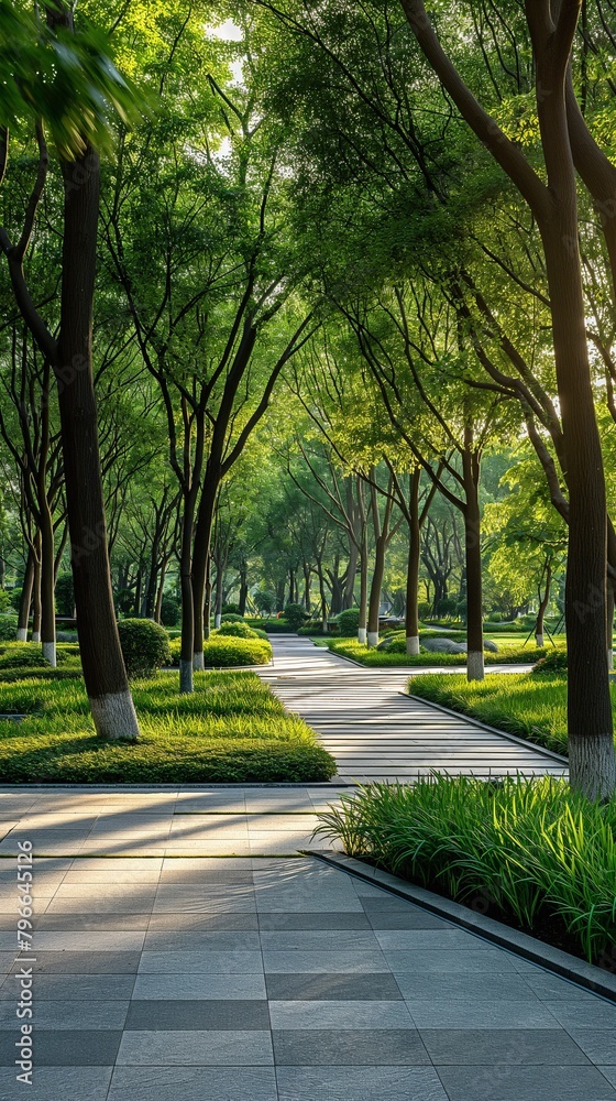 A Vertical View Of A Walkway In The Park Surrounded By Greenery And Trees. A Vertical View Of A Walkway In The Park Surrounded By Greenery And Trees.