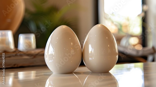 A pair of eggshaped salt and pepper shakers in a glossy neutral finish.. photo