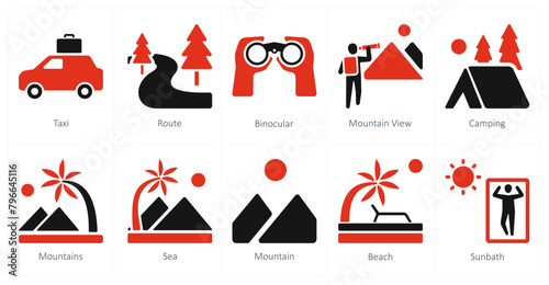 A set of 10 Travel and vacation icons as taxi, route, binocular