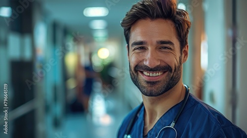 Smiling male doctor in hospital hallway
