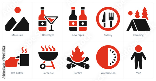 A set of 10 Travel and vacation icons as mountain, bevarages, cutlery