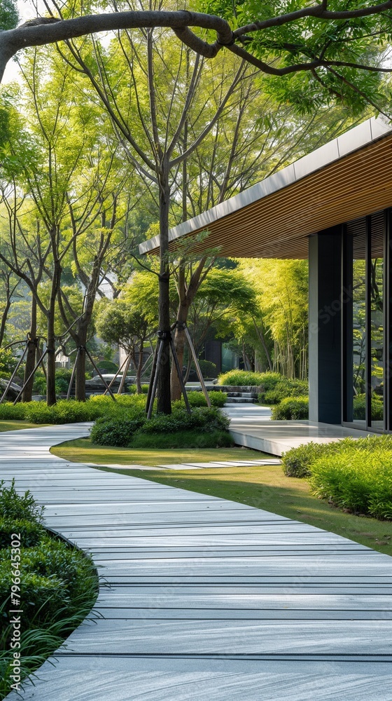 Naklejka premium A Vertical View Of A House With A Walkway And Natural Landscape.
