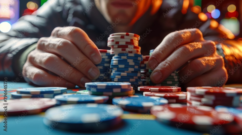 a man's hands holding a stack of poker chips at a casino table, conveying the concept of a poker game. a man's hands holding a stack of poker chips at a casino table, conveying the concept of a poker game.