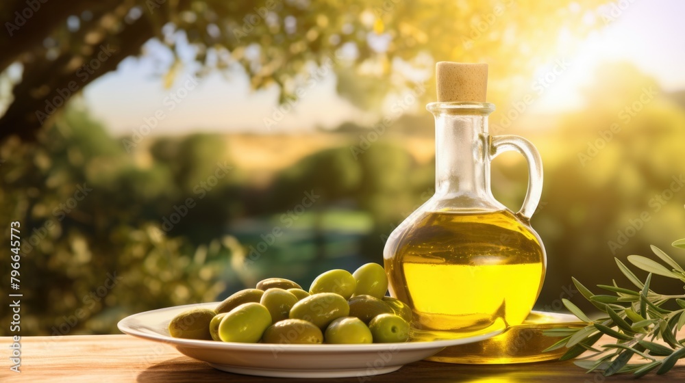 Bottle of olive oil next to olives Bottle of olive oil next to olives