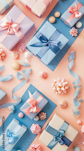 Banner with many gift boxes tied velvet ribbons and paper decorations for a birthday party backdrop The backdrop is in the style of a pastel colored background, taken from a top view perspective with 