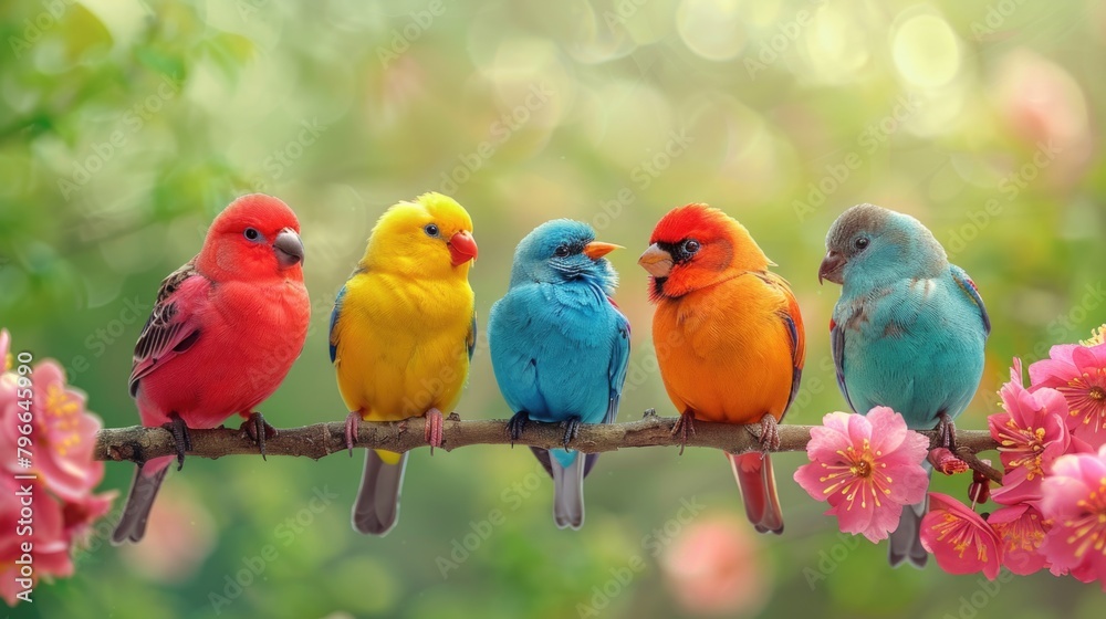 Colorful birds perched on branch