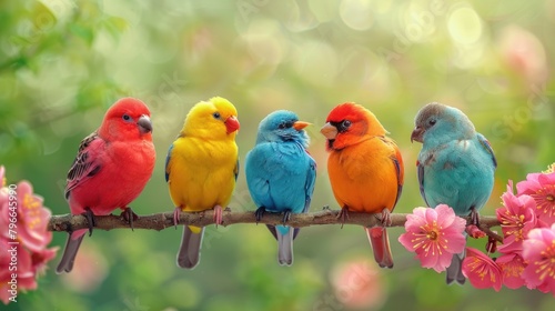 Colorful birds perched on branch © Boomanoid