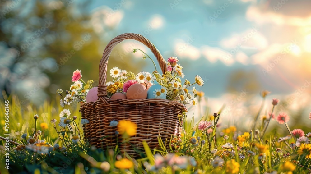 Basket of eggs and flowers on lush green field. Easter holiday. Basket of eggs and flowers on lush green field. Easter holiday.