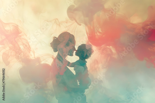 digital painting of a mother embracing her child against a colorful watercolor background, mother's day concept