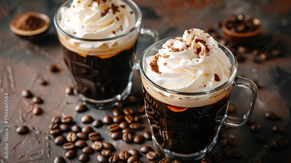 Black coffee with whipped cream in glass cups and spilled coffee beans Black coffee with whipped cream in glass cups and spilled coffee beans