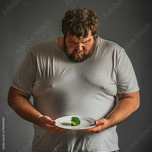 An unhappy fat man, standing, looking with frustration at a single broccoli on the plate in his hand, reflecting how difficult it is to diet photo