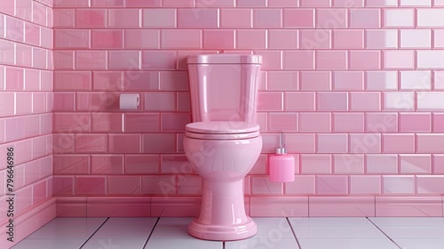 White toilet beside pink wall in bathroom