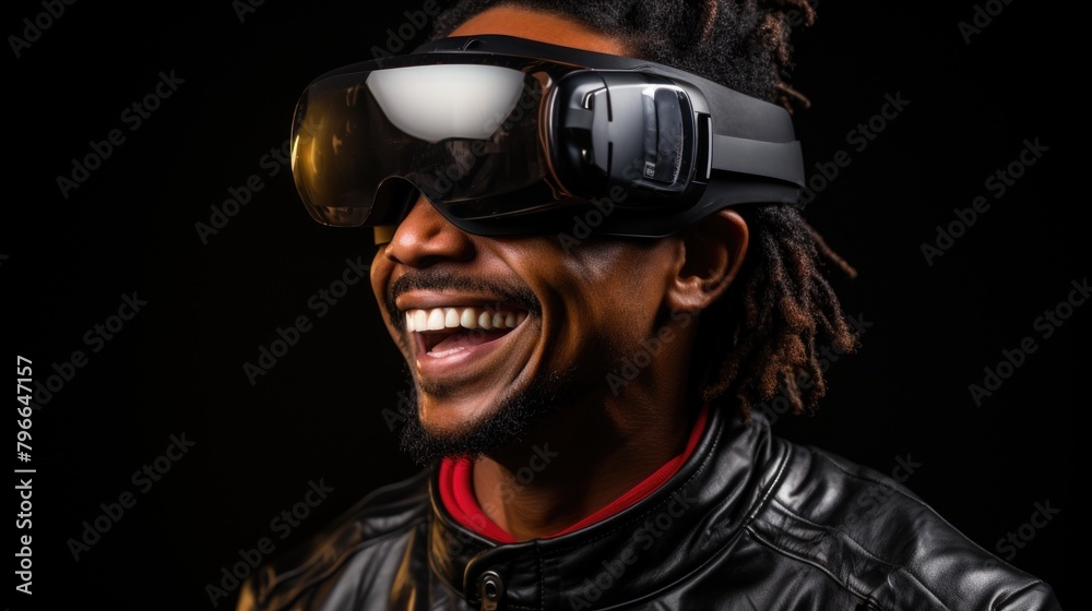 Man with a beaming smile enjoying a VR experience. Man with a beaming smile enjoying a VR experience.
