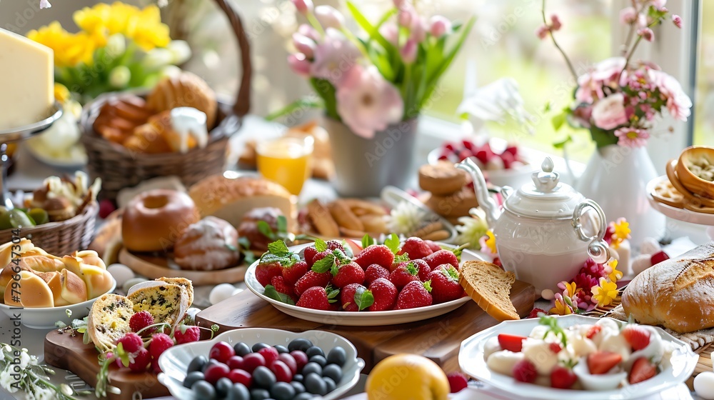 Breakfast or brunch table filled with all sorts of delicious delicatessen ready for an Easter meal Breakfast or brunch table filled with all sorts of delicious delicatessen ready for an Easter meal