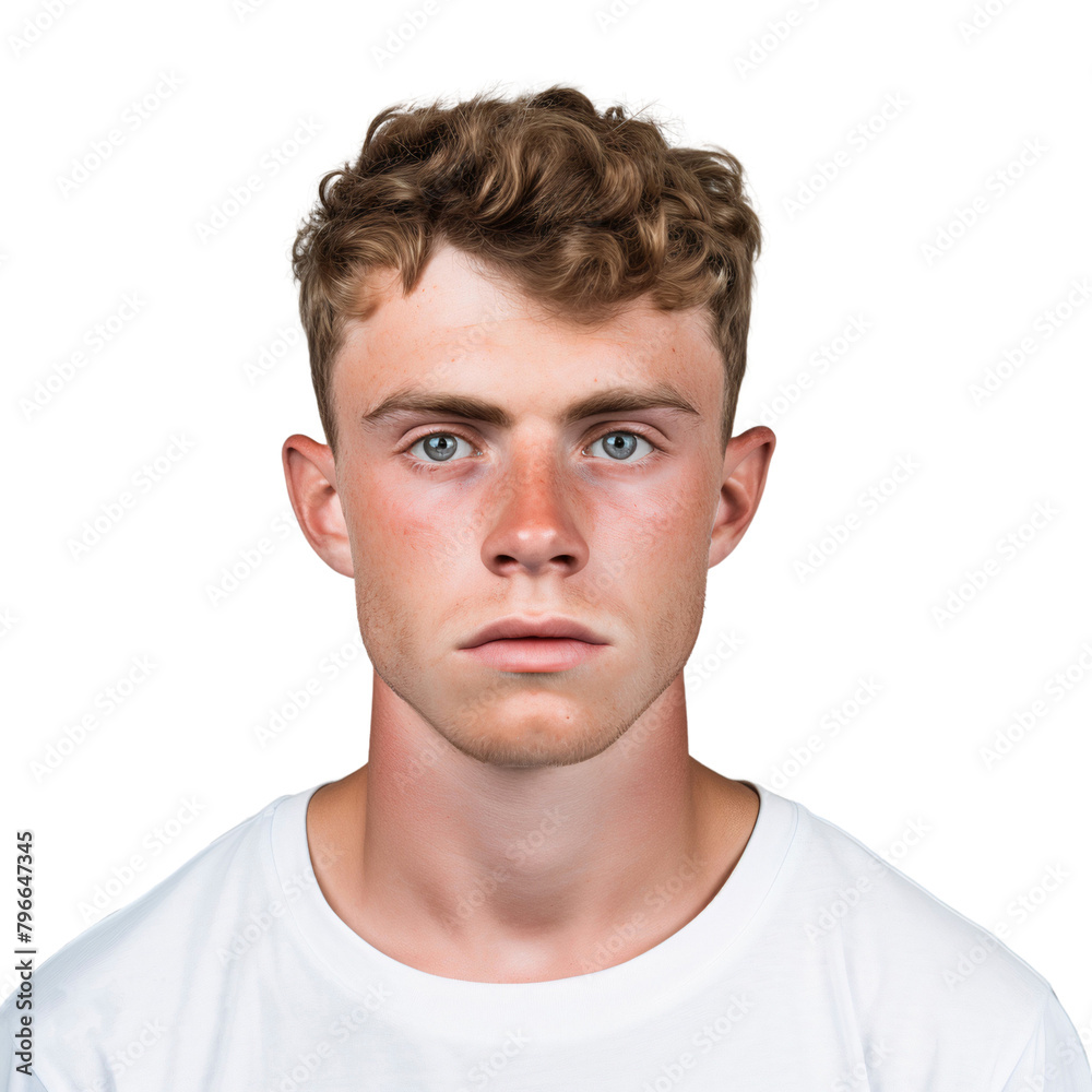 Portrait of a handsome young man in casual clothes t-shirt with straight face, male model isolated on transparent background Portrait of a handsome young man in casual clothes t-shirt with straight face, male model isolated on transparent background